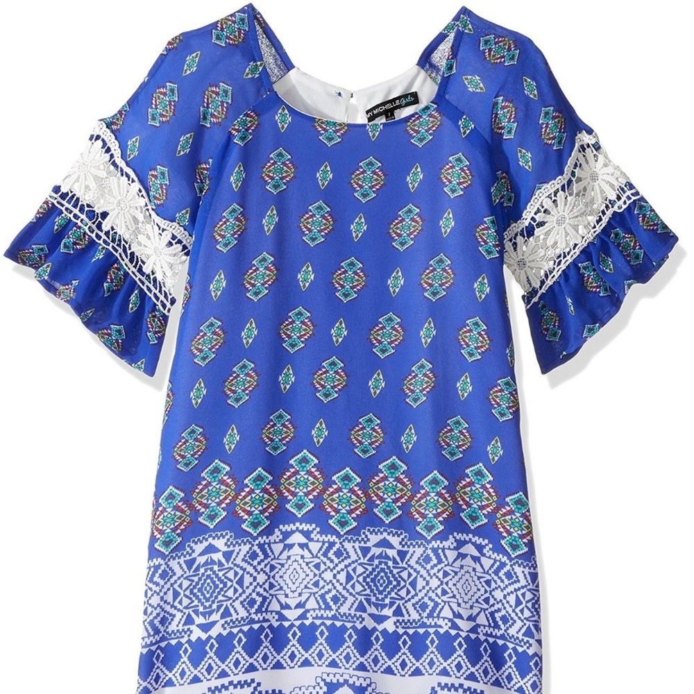 My Michelle Girls Blue Shift Dress Crochet Bell Sleeve Size 7 16